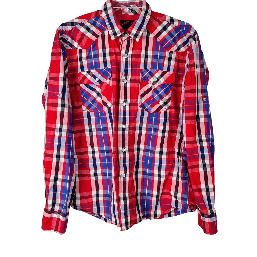 Meztizos Mens Red Blue Plaid Western Pearl Snap Shirt Roll Tab Sleeve Size M